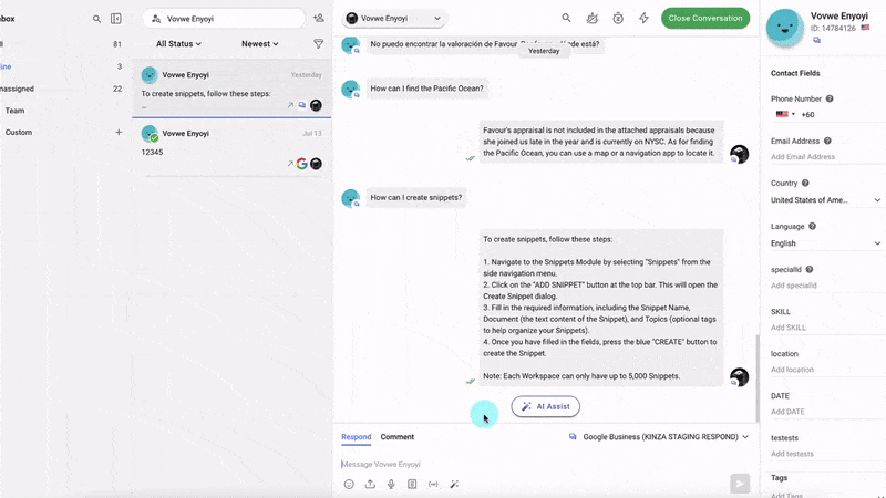 This image shows how to use the respond.io AI chatbot for sales to generate instant replies at the click of a button.