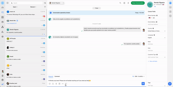 This GIF shows respond.io's AI capabilities for artificial intelligence tools and platforms. Respond.io is one of the main conversational AI startups, and with Respond AI Prompts you can translate your message at the click of a button.