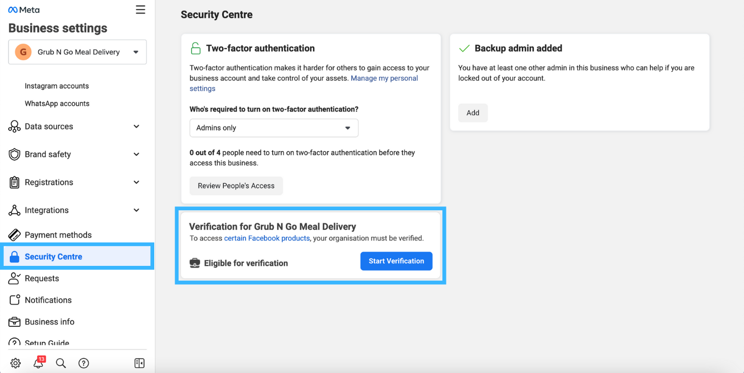 The first step for Meta Business verification or business verification on facebook is by navigating to the Security Centre of your Facebook Business Manager and click on Start Verification