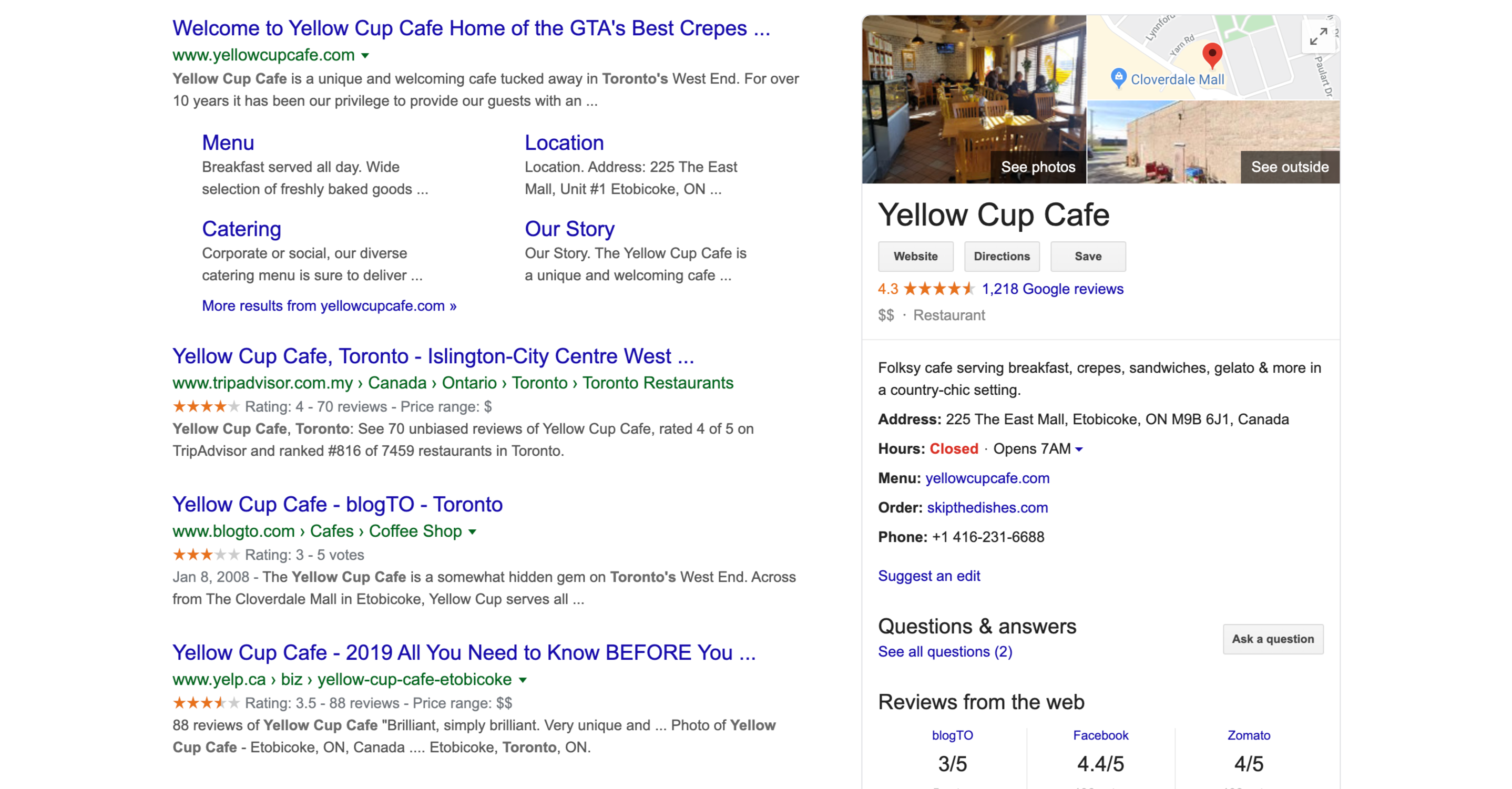 The top features customers see straight away on a GMB profile in Google Search are photos (your cover photo will appear here if you have selected one), your location pin on Google Maps and the name of your business. Directly beneath your business name, there is a row of three call-to-action buttons. These buttons are labeled Website, which takes customers directly to your company website, Directions, which takes users into Google Maps and Save, which allows users to save your business in a list on Google Maps. Your google rating and number of google reviews link to the reviews section further down your profile and appear one line under the row of call-to-action buttons. Reviews from the web is a section that shows your ratings from other websites, such as Facebook for example, which provides a rating based on Facebook votes.