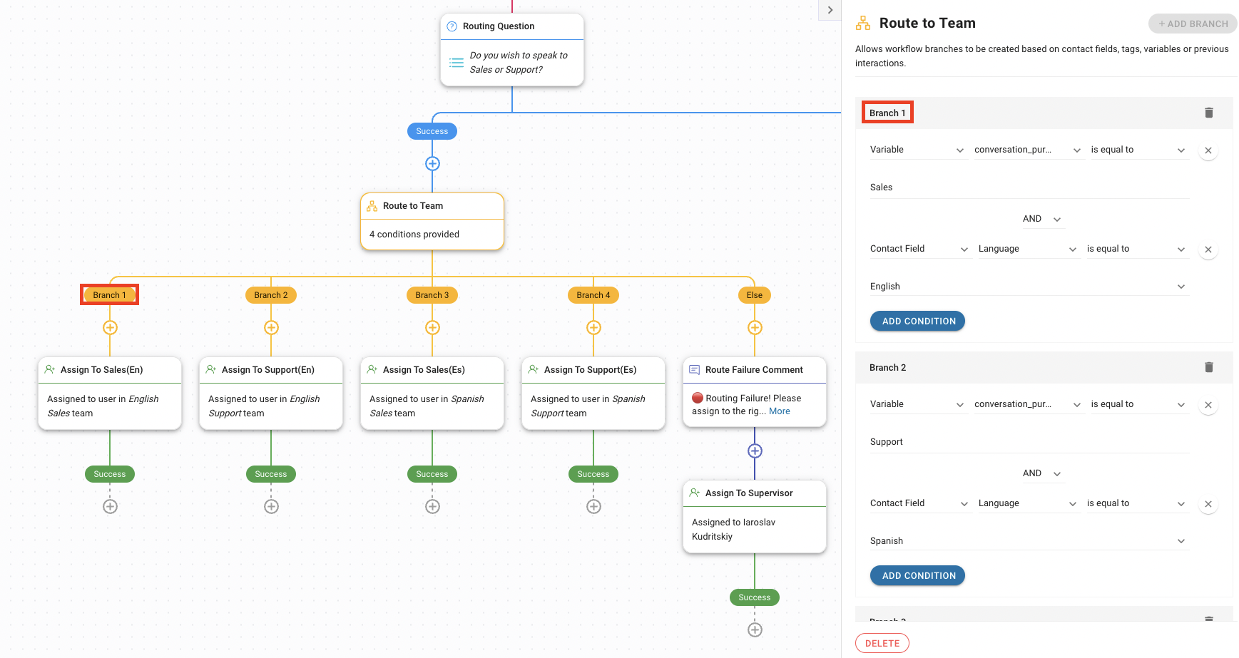 Multi-condition branching with the respond.io Workflows Module