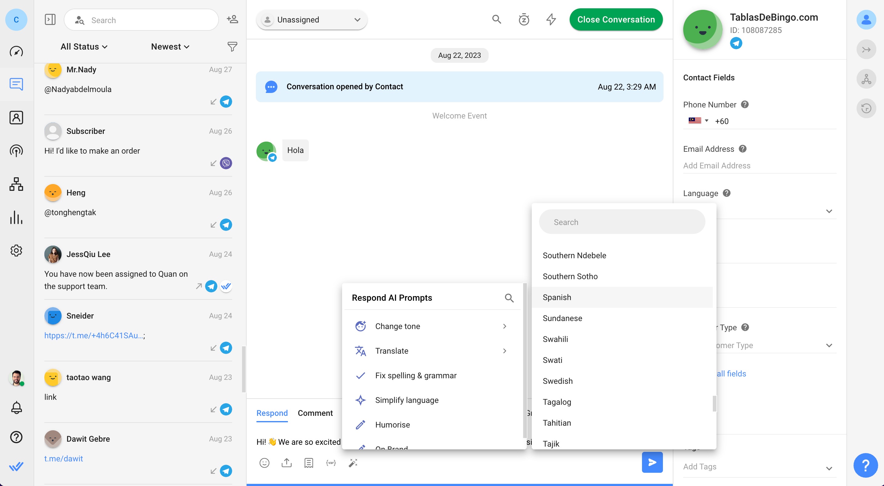 This image shows how to use Respond AI Prompts to redefine your messages and improve communication with contacts.