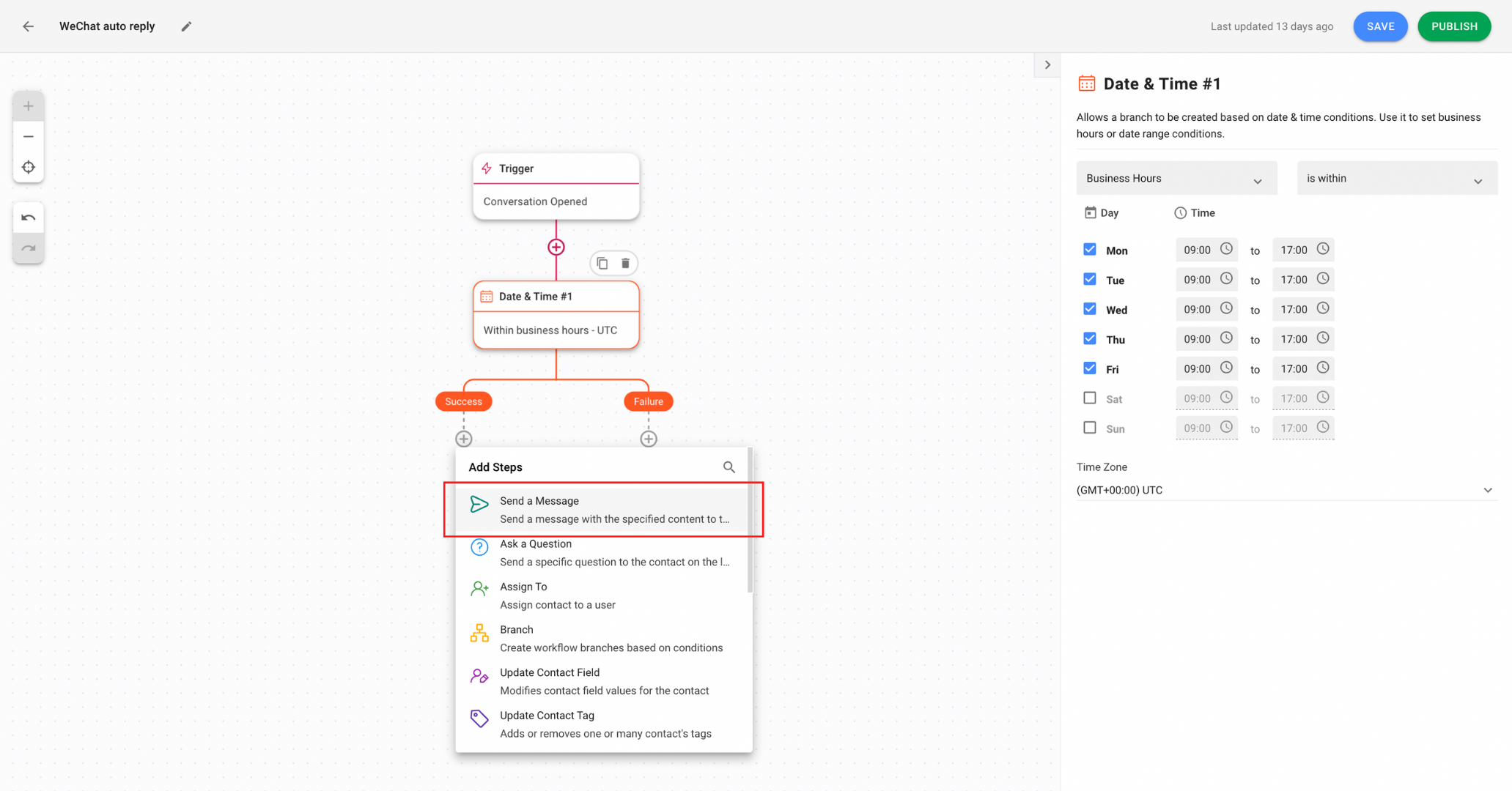 Add a Send a Message Step under the Success and Failure Branches