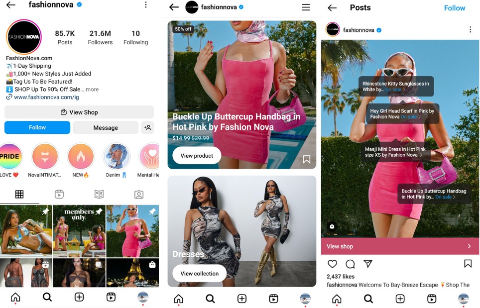 This image shows how Fashion Nova does Instagram social commerce. By displaying personalized ads and retargeting users who have engaged with their brand, Fashion Nova maximizes its chances of converting social media users into customers.