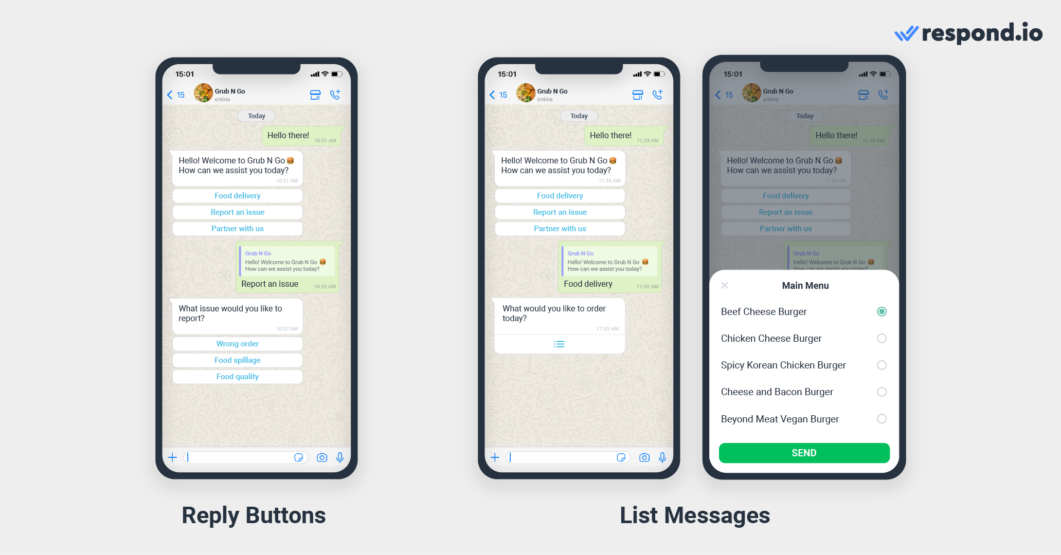 Reply buttons and list messages examples