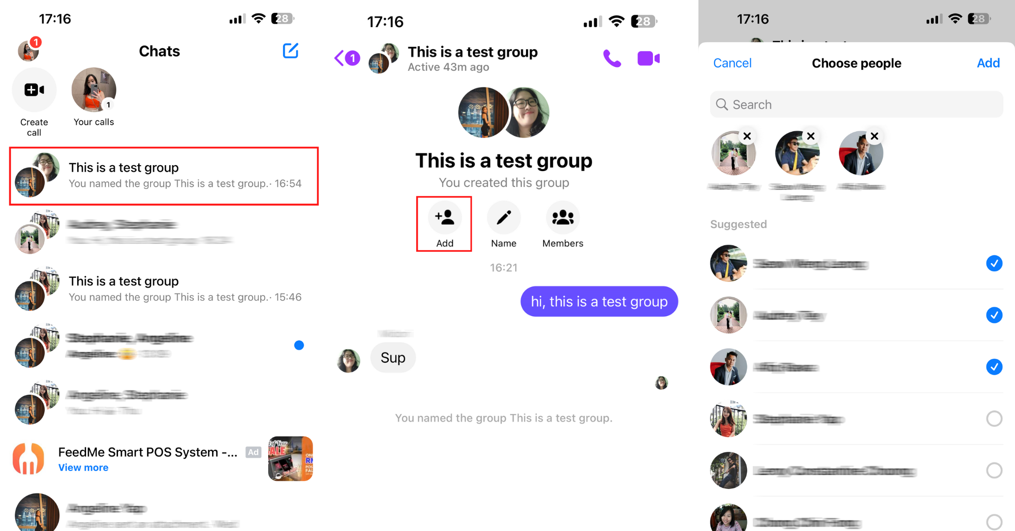 This is an image that describes how to invite people to your group. First, open the group conversation, click Add and finally select the people you want to invite to the group. 