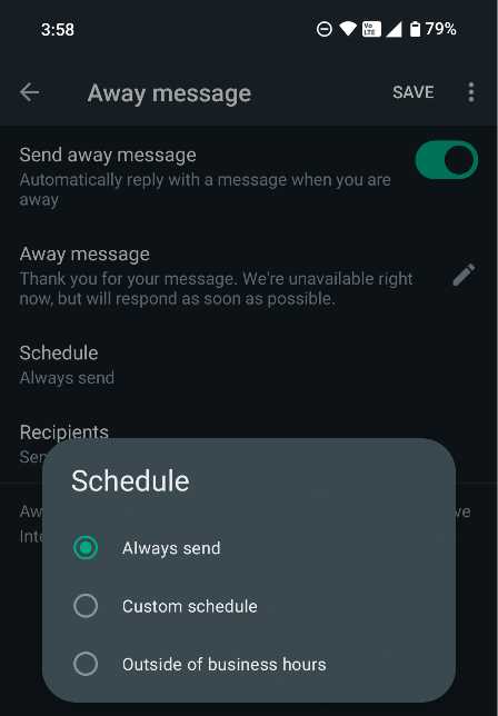 Schedule a WhatsApp message: Set the away message schedule