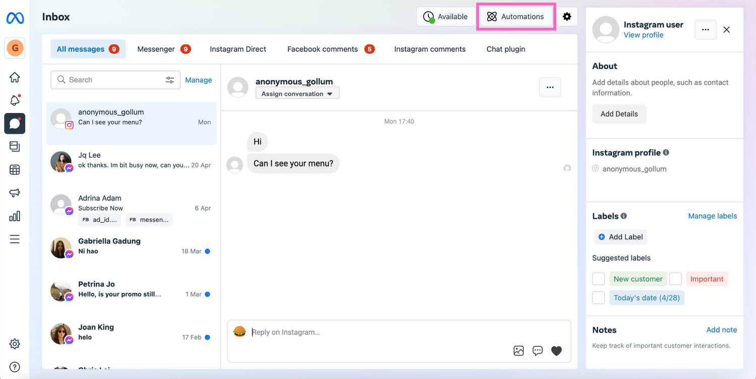 How to set up automatic replies on Instagram: Click on Automations in the Meta Business Suite Inbox