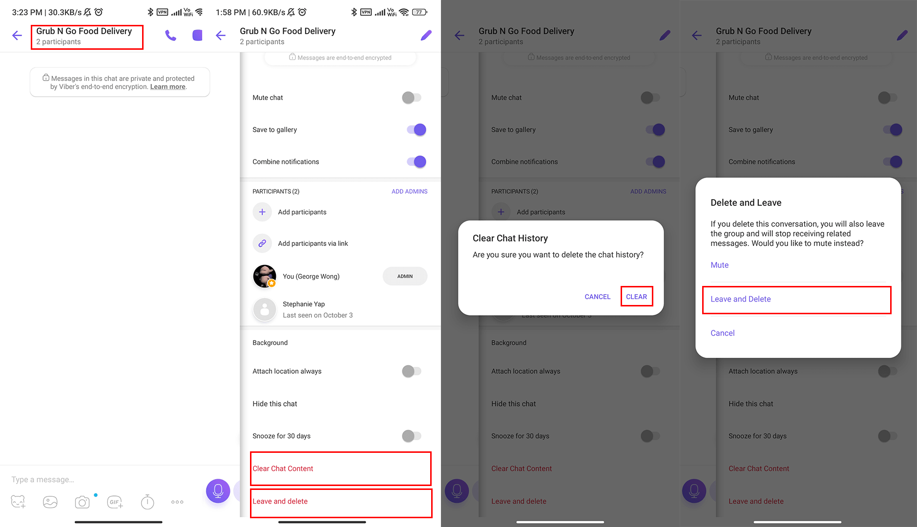 An image showing how to clear or delete a Viber Group