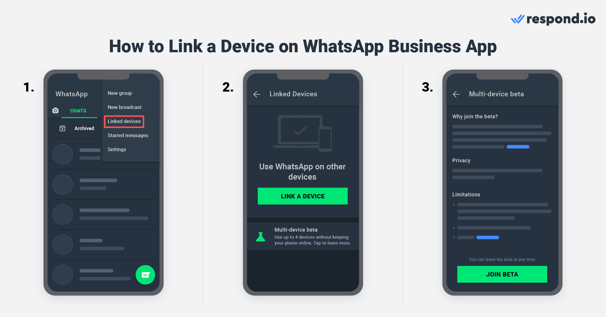 This is an image that describes how to link additional devices to whatsapp. To link multiple devices and agents to the WhatsApp Business App, follow the steps below. 1. Go to your WhatsApp Business App. 2. Tap the More Options icon with 3 vertical dots. 3. Click Linked Devices. 4. Click LINK A DEVICE. 5. Scan the QR code.