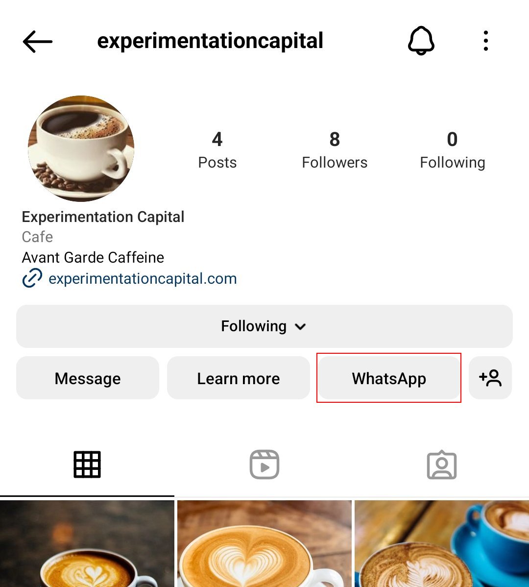 WhatsApp button on Instagram profile