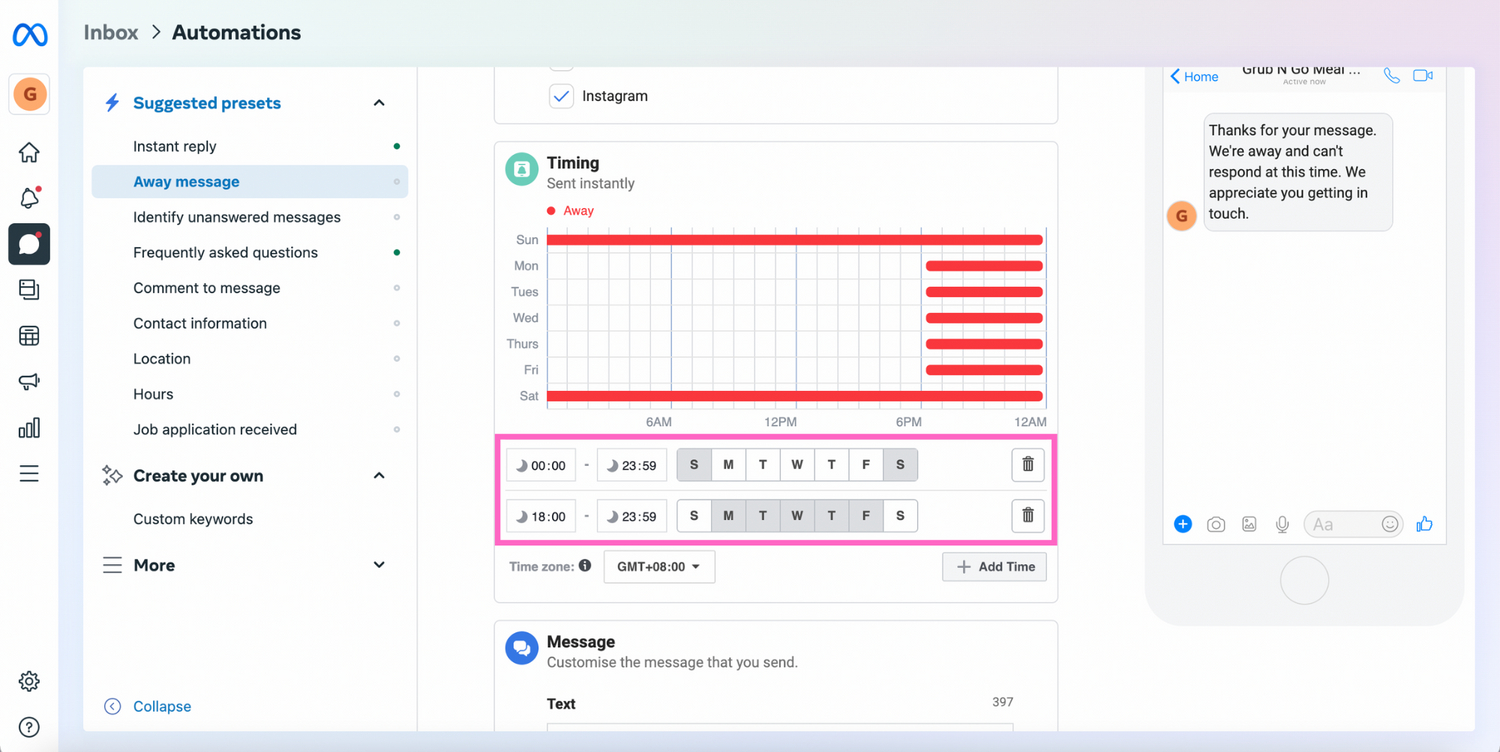 How to schedule auto response on Instagram: Schedule time based on business operation hours