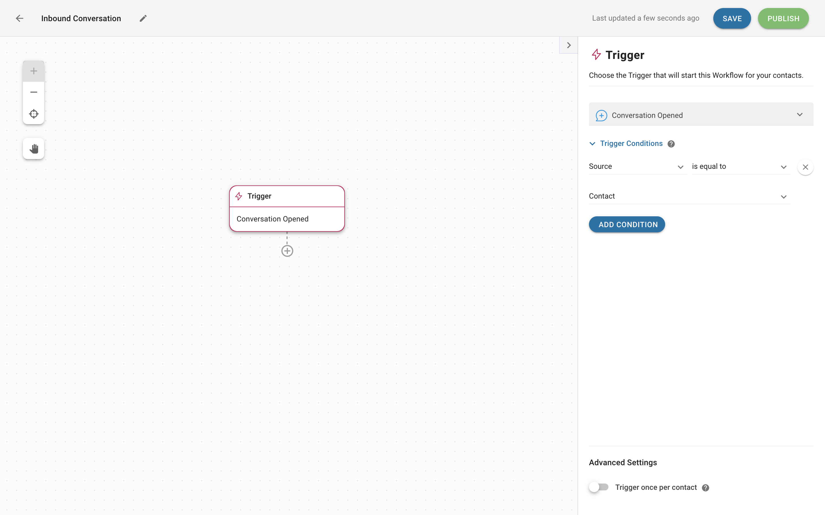 This is an image showing how to set up a Trigger for an Inbound Conversation Workflow. To set up the trigger for Inbound Conversation Workflows, navigate to the Workflow Builder. Then, select Conversation Opened as the Trigger so that the Workflow runs every time a Conversation is opened.