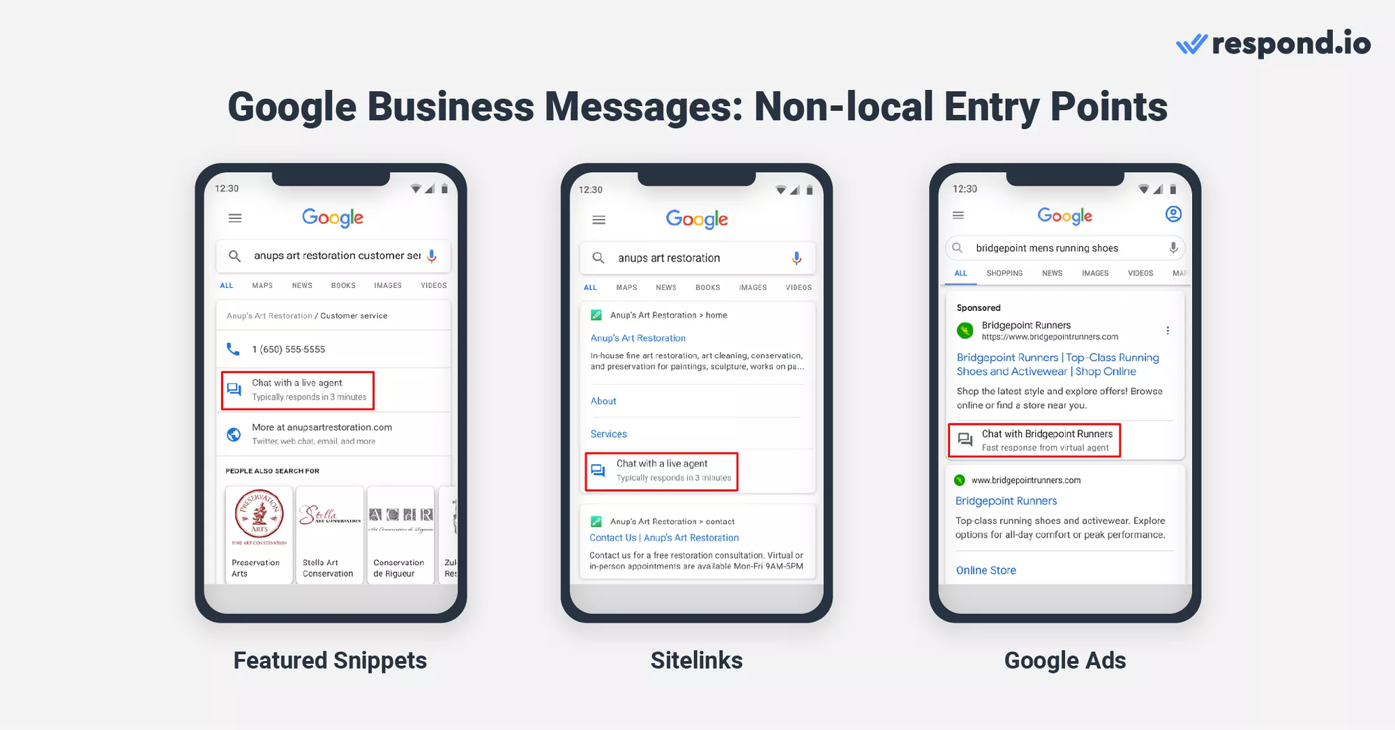 This image shows non-local Google Business Profile chat entry points. Customers can initiate conversations with your business via when they discover featured snippets, sitelinks and Google ads in Google Search.