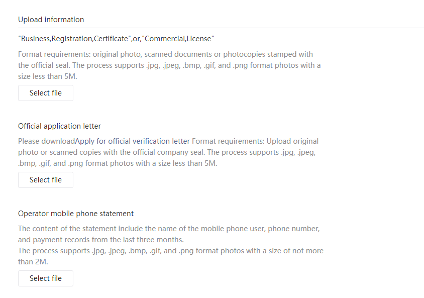 Verify a WeChat Official Account - upload documents