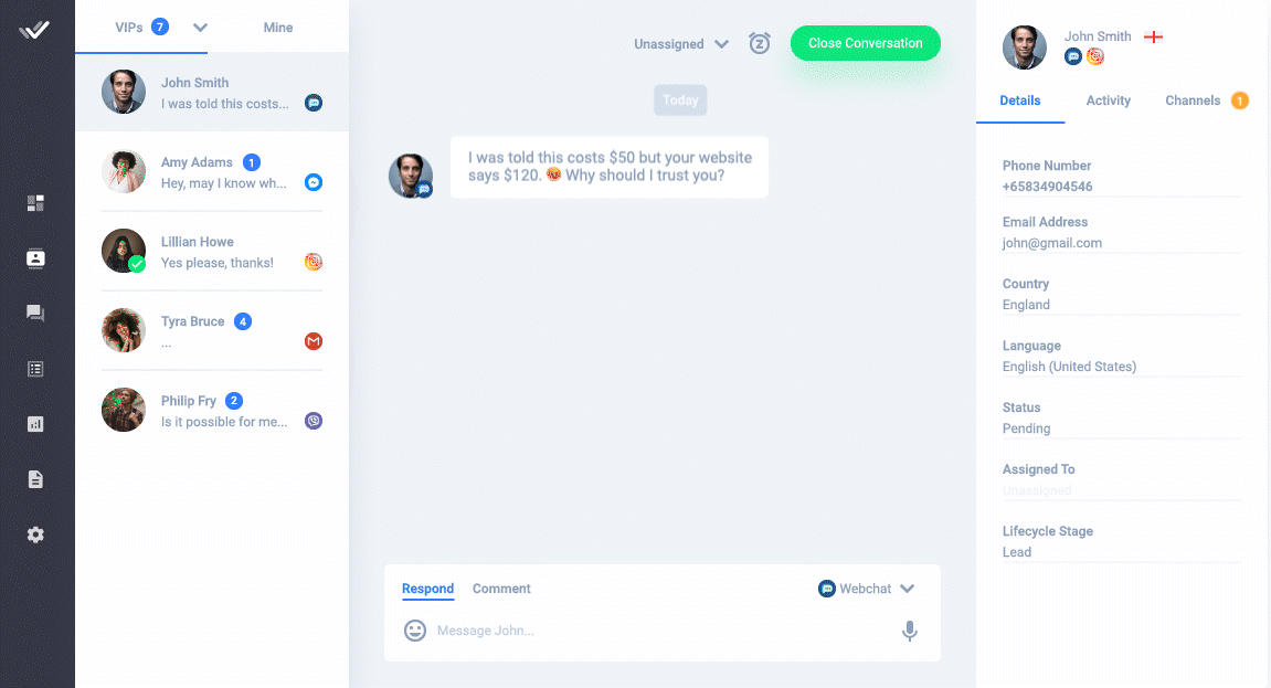 This is an image showing how respond.io’s contact merge feature works. The Contact Merge feature provides a comprehensive view of your customers. With easy access to customers' historical information, Agents can reply to them faster from one centralized dashboard.