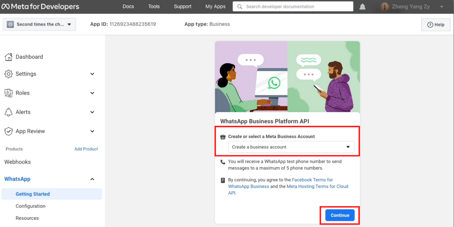 Click Continue to accept WhatsApp Cloud API’s terms and conditions. If you left your Business Manager account unselected in step 3, you may leave your Business Account unselected here and Facebook will automatically create a business account later.