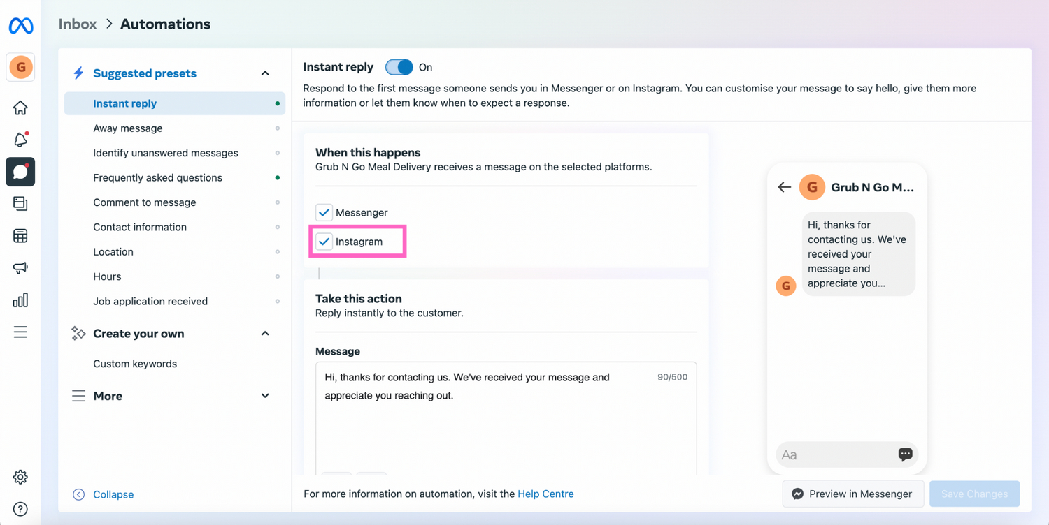 How to set up auto replies on Instagram: Click on the Instagram checkbox