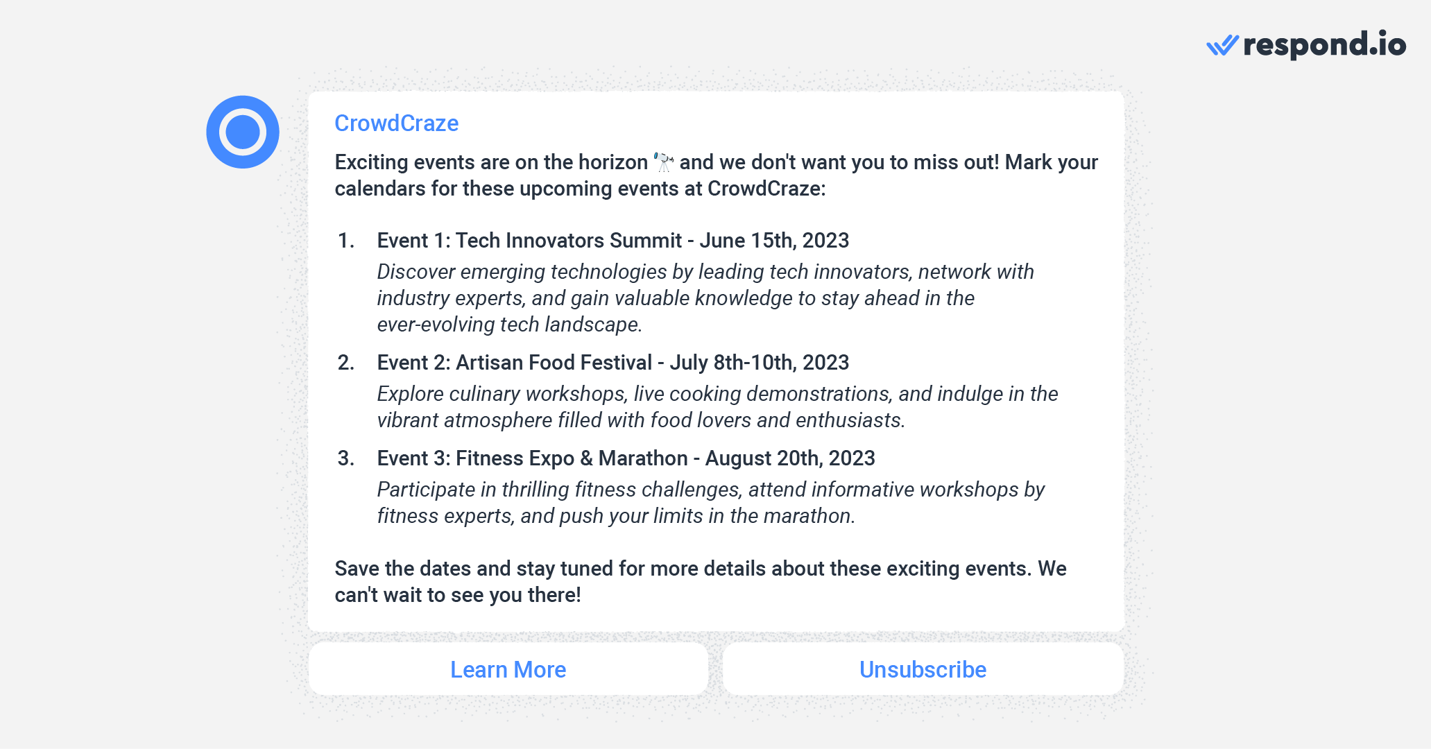 WhatsApp newsletter examples: Upcoming events