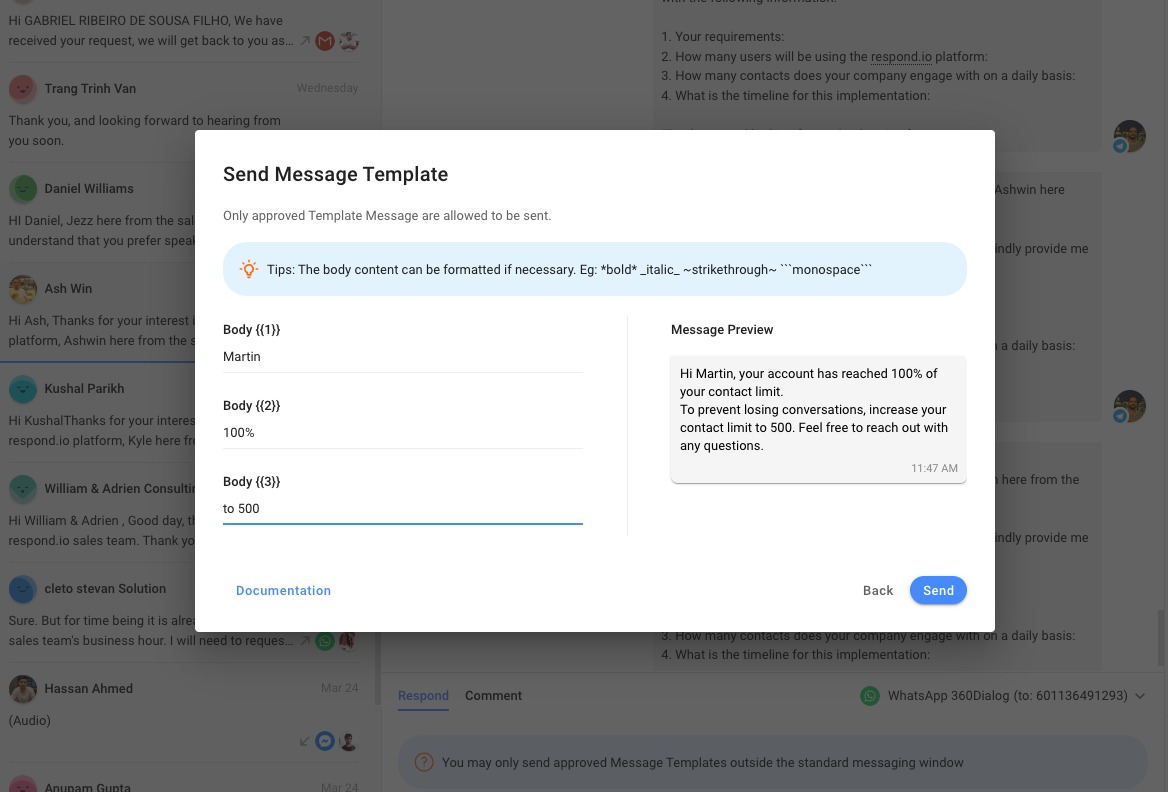 This image shows the creation of a message template on respond.io, considered one of the best conversational customer support software available