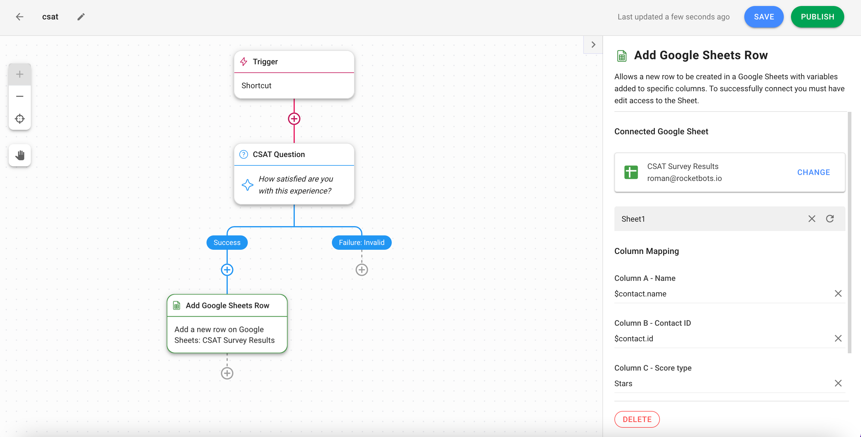 Example of Add Google Sheets Row Step for CSAT or Customer Satisfaction Survey