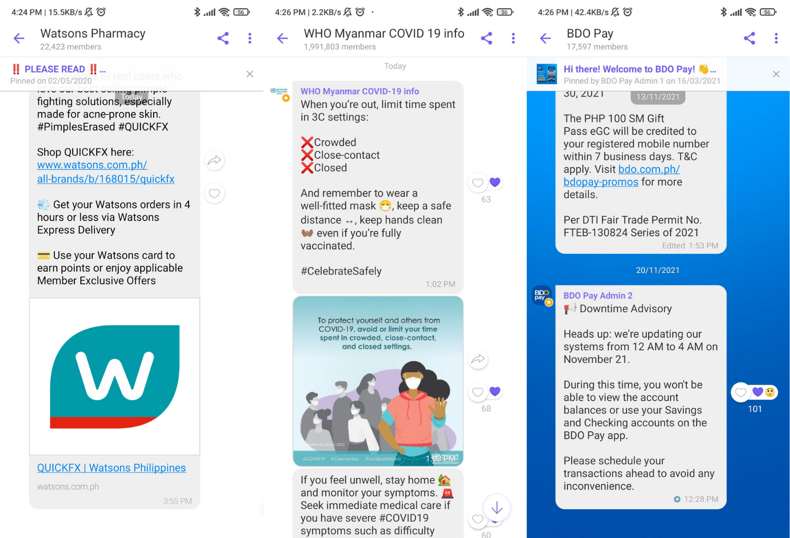 Examples of Communities using Viber Community for updates and promotions