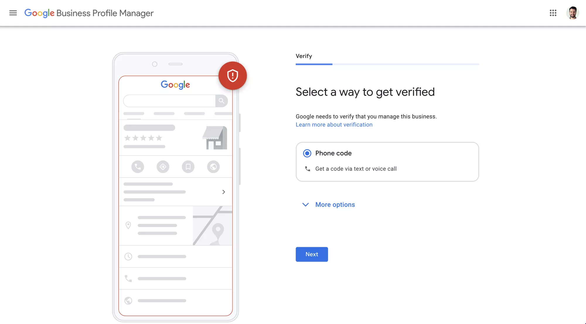 This image shows how to undergo Google Business Profile verification. Choose a verification method to be able to manage Business Profile Google.