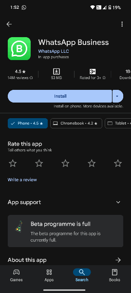 A screenshot of the app store page to download the WhatsApp Business App
