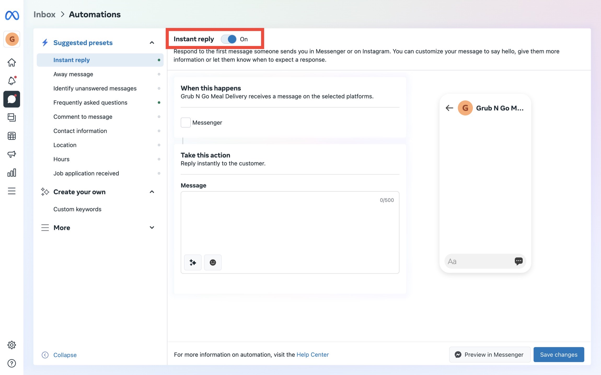 This is an image that illustrates the steps involved on creating Facebook Messenger auto reply or Facebook automated responses through Facebook Inbox. The third step to creating facebook messenger auto-reply is to Navigate to Instant Reply and turn on the toggle.  Check out the blog for more info on how to set auto reply in facebook messenger 2020. Read the blog for more details on facebook messenger auto reply personal account 2020