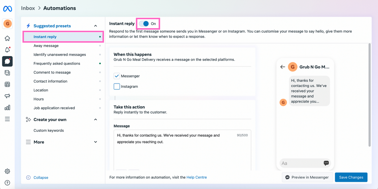 How to activate Instagram auto message: Turn on Instant reply toggle