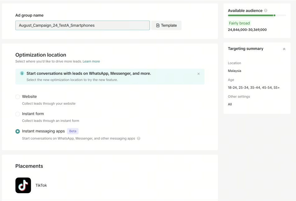 How to create TikTok ad: Choose the Optimization location and target audience