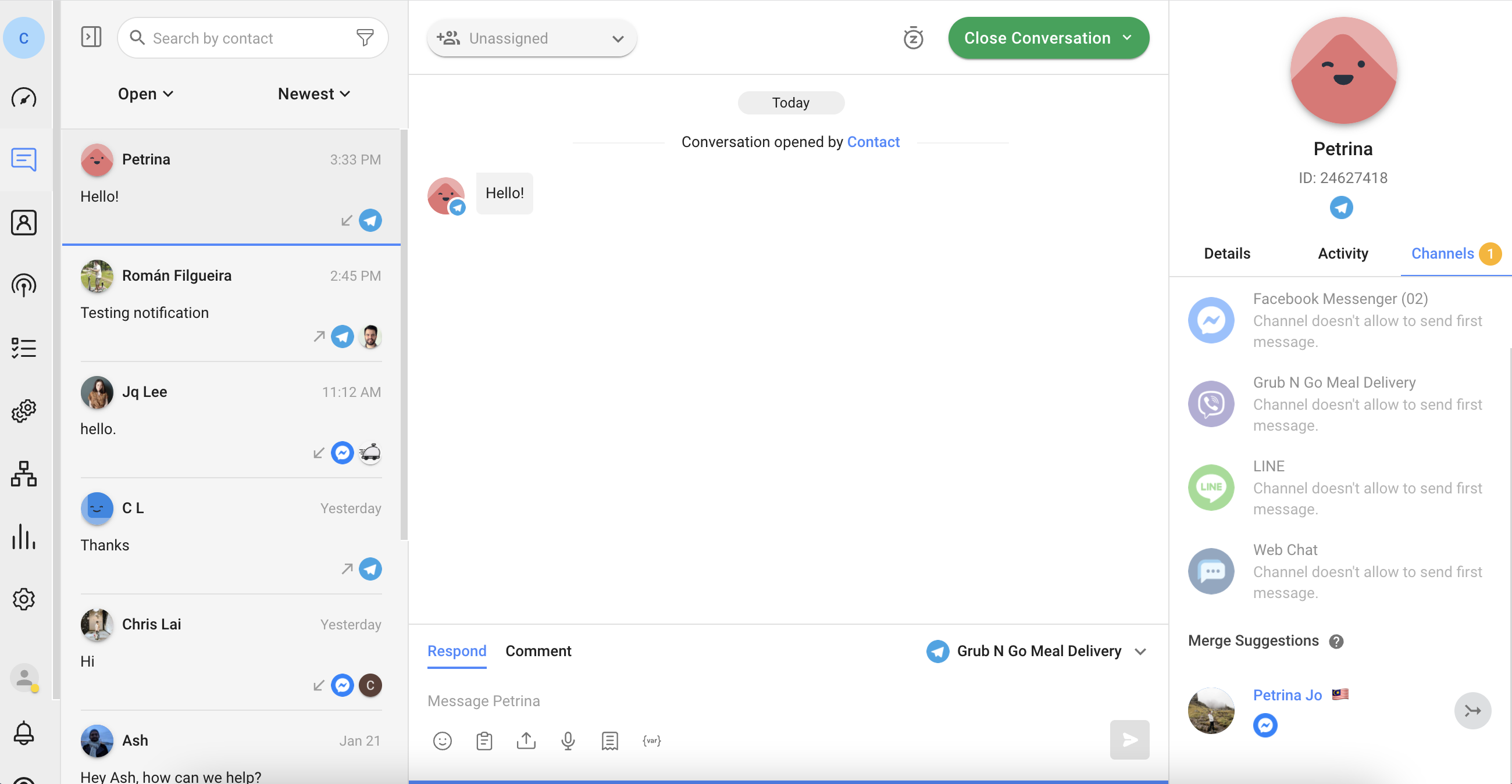 ALT: This image shows how each first incoming message from a Channel — be it email, web chat or messaging app — creates a new Contact. This is an easy and practical way to build a Contact list for business use.
