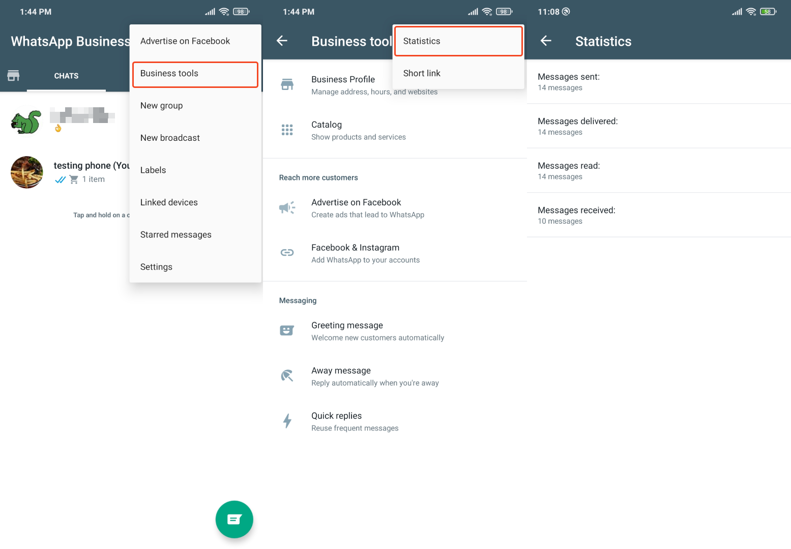 An image showing how to access your whatsapp metrics business