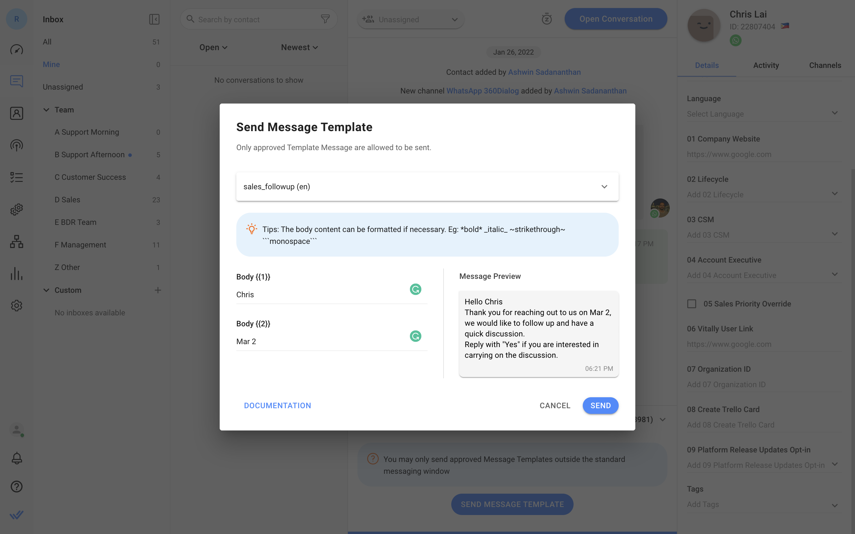 This is an image on how to use Message Template for WhatsApp sales. A Message Template reopens WhatsApp API’s Messaging Window, allowing you to follow up with a prospect after 24 hours. Alternatively, import leads to a WhatsApp Inbox and use Message Templates to send them the first outbound message. 