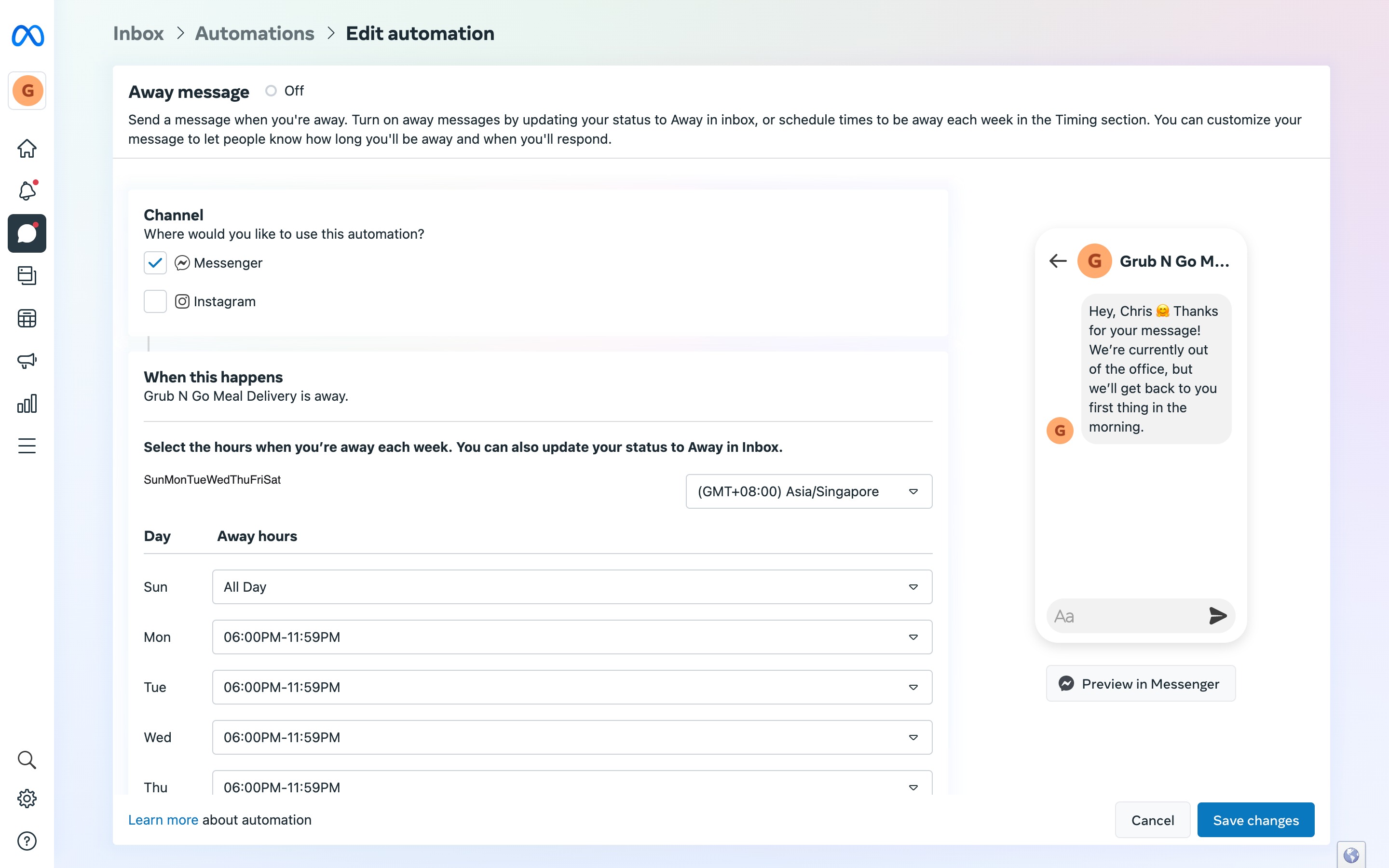 This is an image that shows how set Up an Instant Reply in Facebook Page Inbox. First, navigate to Away Message in Automations. Then, check Messenger as the preferred channel by checking the box.