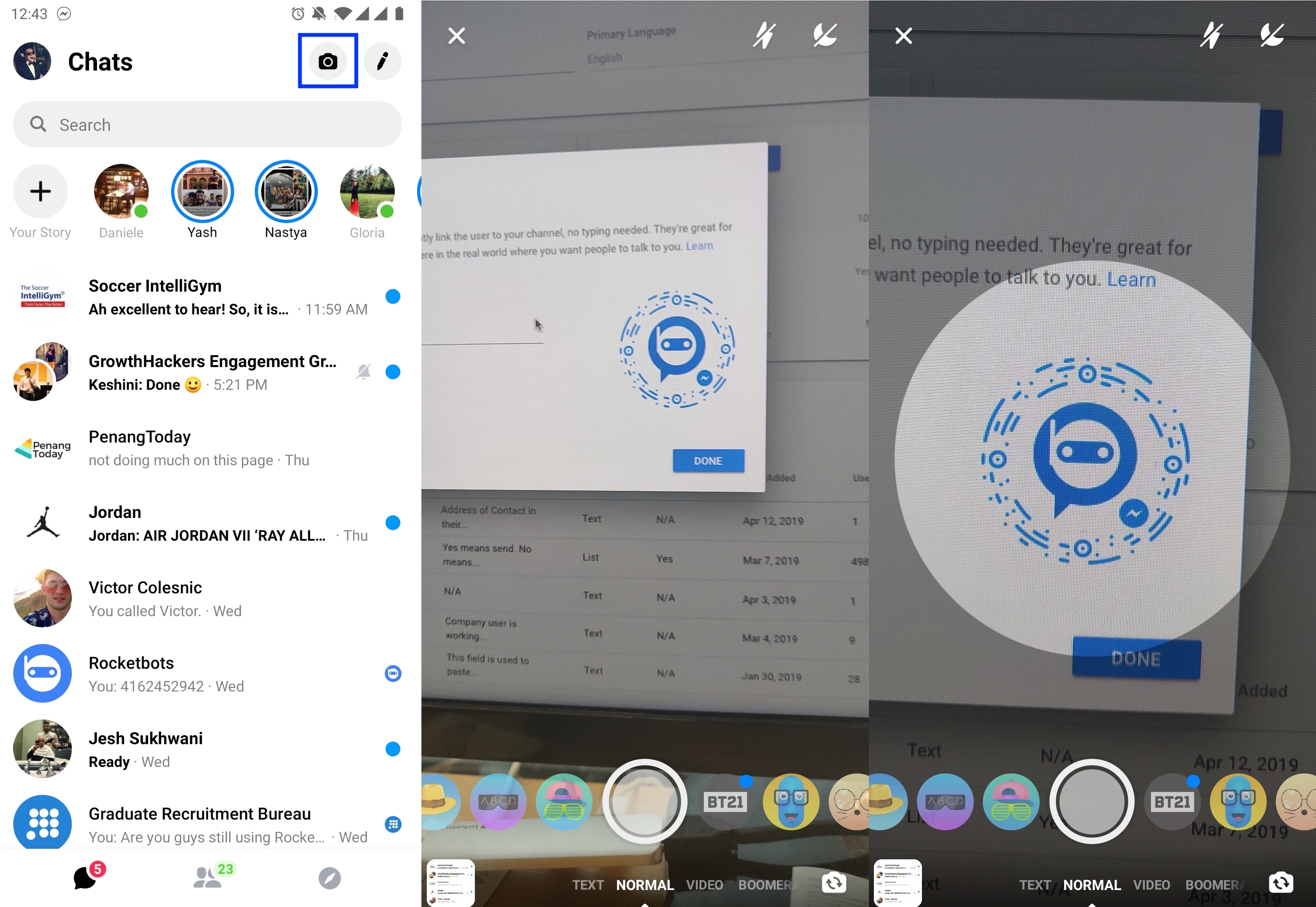 This image shows how to open the Facebook Messenger App and Scan a Facebook Messenger QR Code. Although Messenger Code has been discontinued, you can still make qr code messenger, check out the step-by-step guide on our blog.