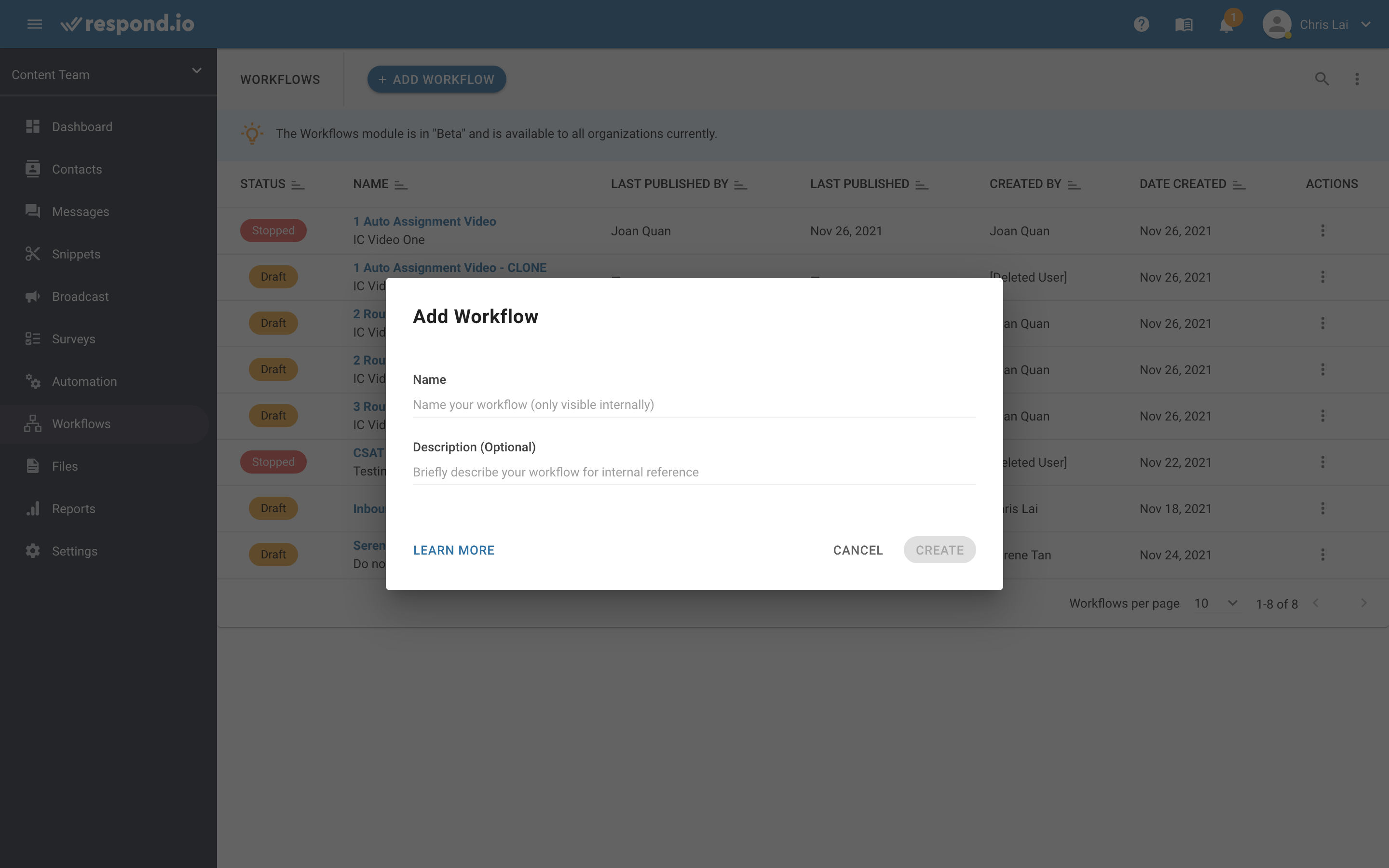 This is an image showing how to access the Workflow Builder on respond.io. 