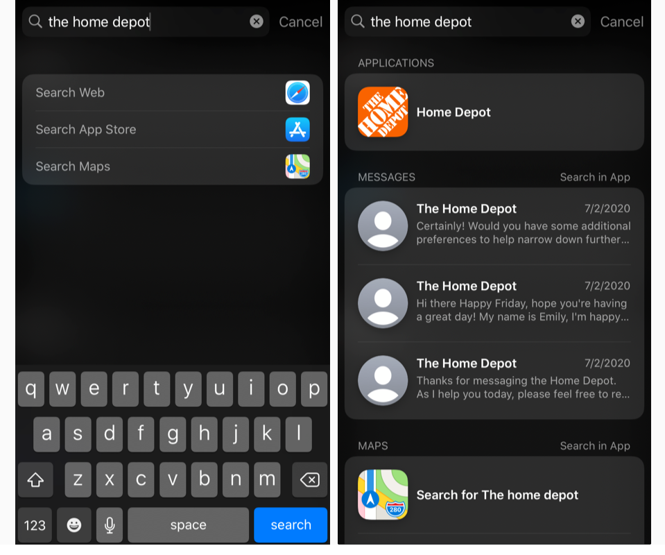 The images above show suggested results for The Home Depot when searched for on an iPhone device. The image on the left is what came up when we searched for The Home Depot before we had messaged with them on Apple Business Chat and before we had downloaded the company's app. The image on the right shows our search results after we had messaged with the company, providing a way to see the messages we had received from them, as well as a shortcut to the company's app after we had downloaded it.