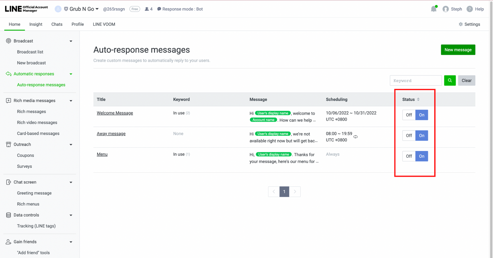 Check the status of your auto-reply LINE on your auto-response messages page