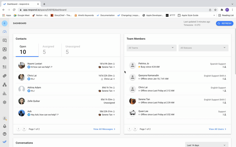 This is a GIF showing how Owners and Managers can merge duplicate Contacts on the Dashboard. Some businesses may not want Agents taking on the responsibility of merging Contacts. Workspace Owners or Managers who want to handle merges themselves can do so any time at the Dashboard.