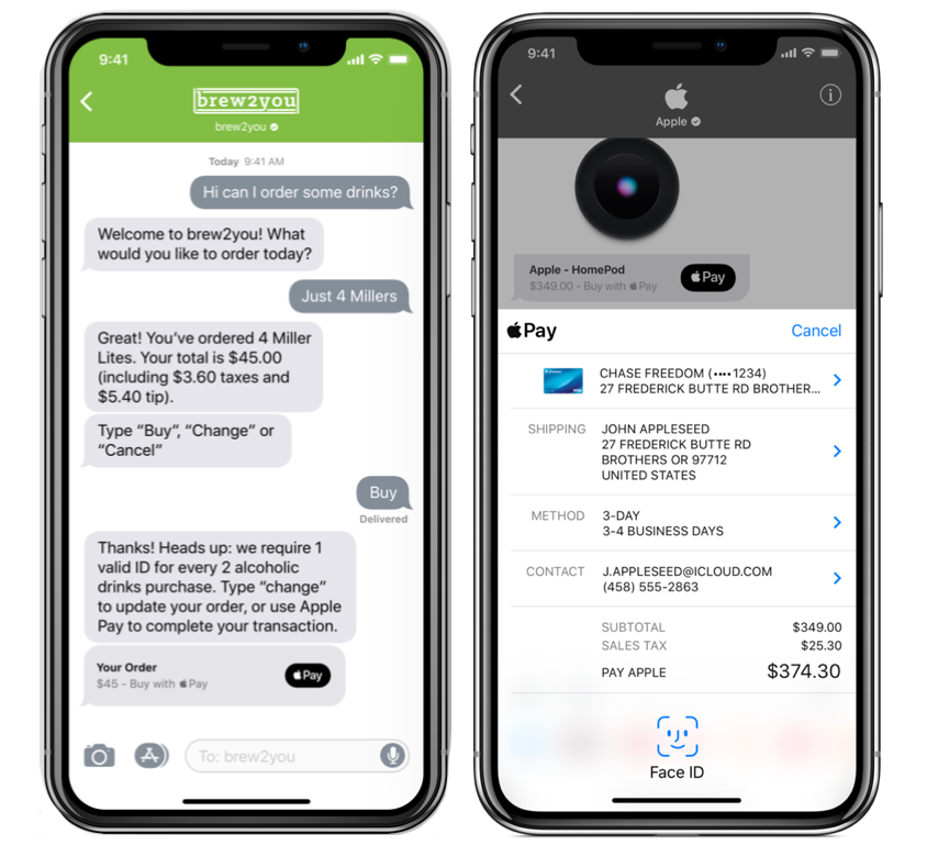 When a company sends a payment request, it will appear as a normal chat bubble and will include an Apple Pay logo. The customer can tap on the message to fill out an Apple Pay payment form that will open within the chat.