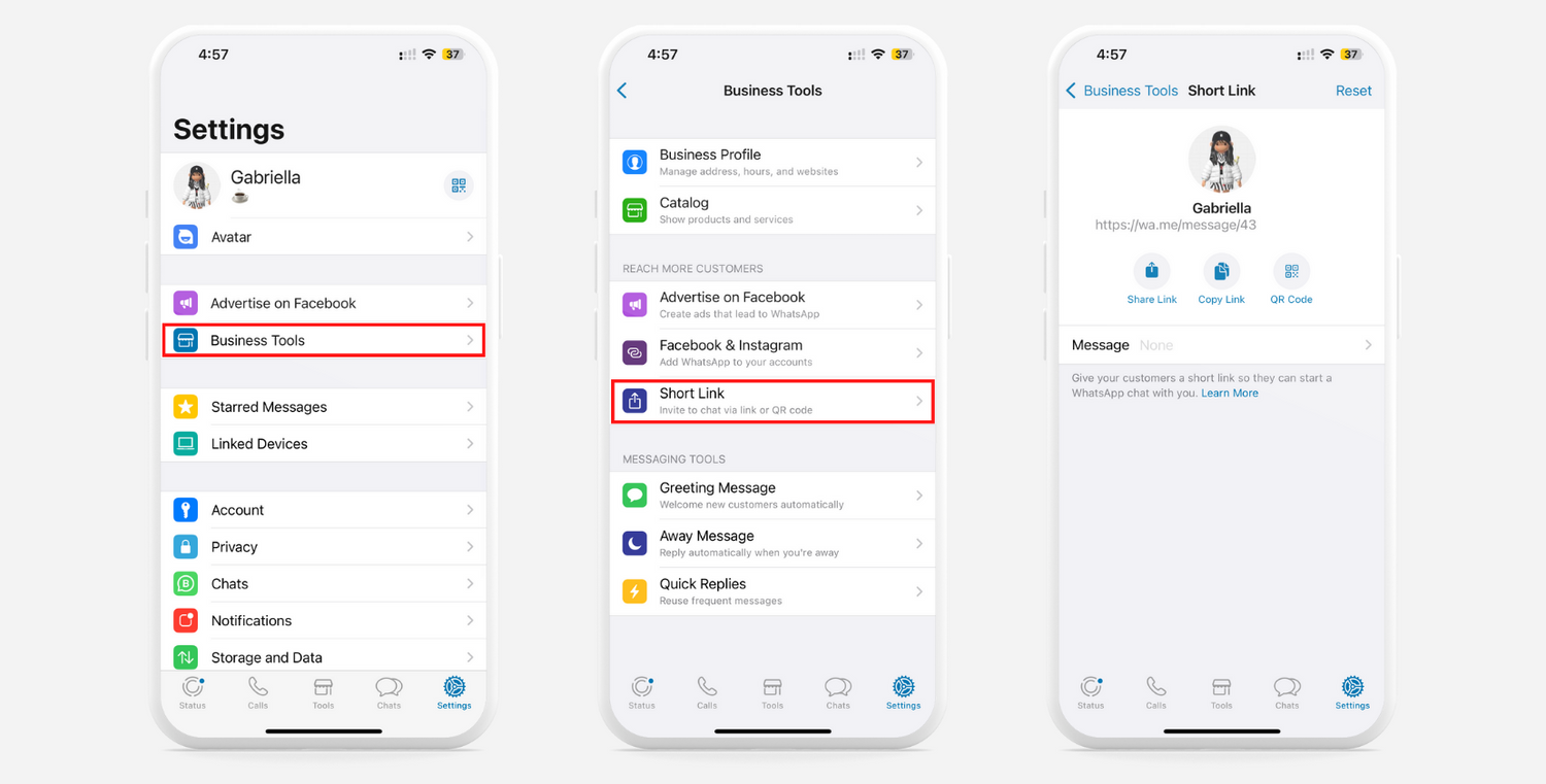 WhatsApp settings > Business Tools > Short Link