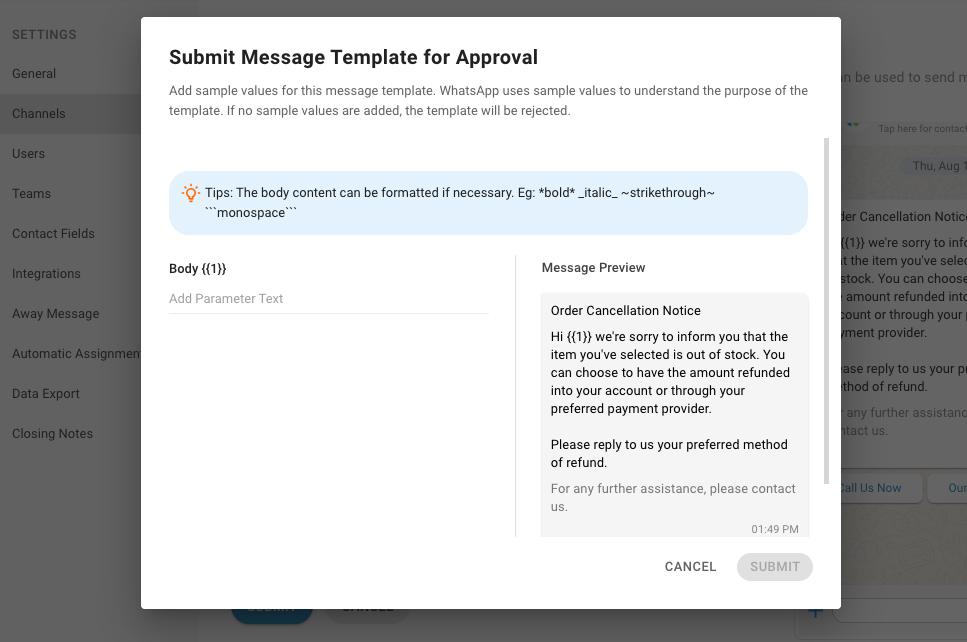 Compulsory to Fill in Sample Values for Message Template Submission