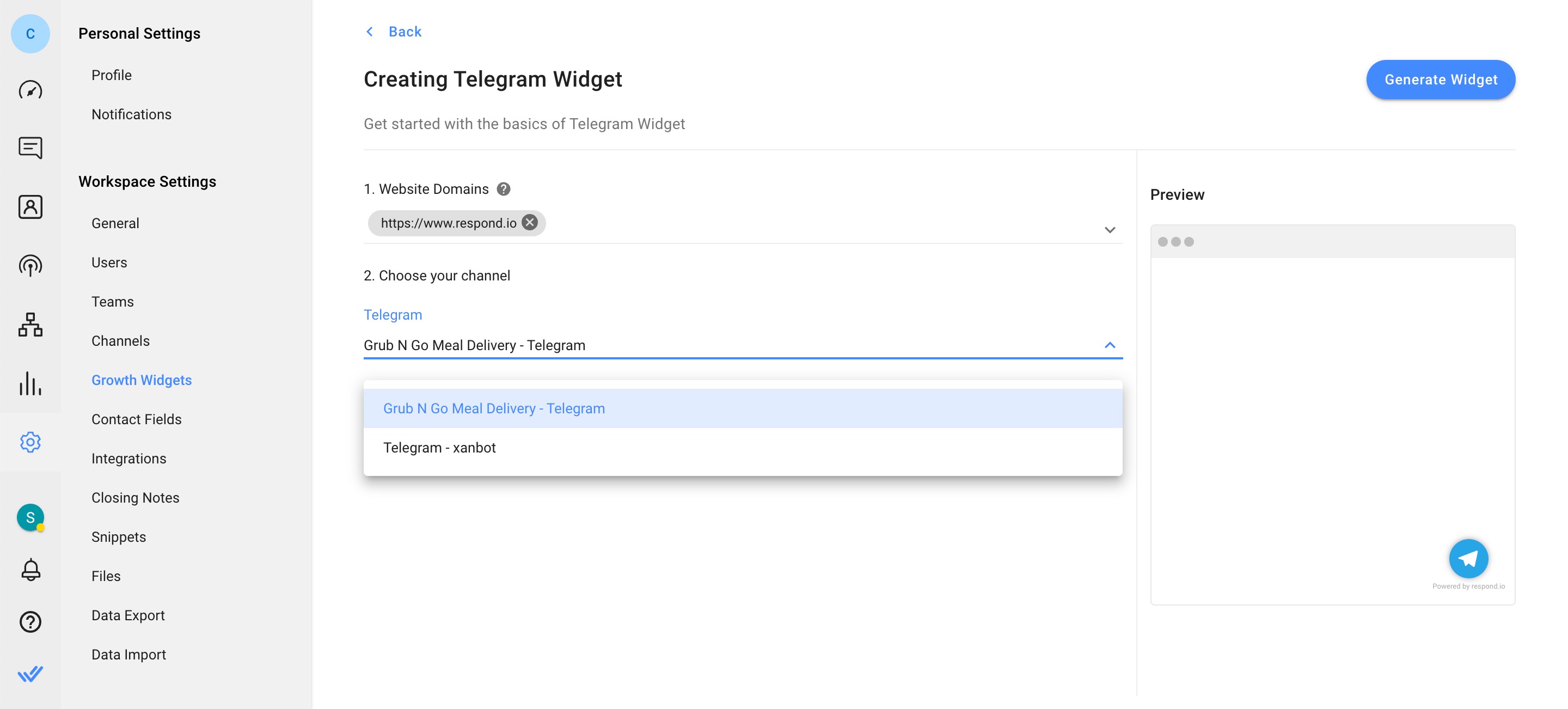 Add Telegram chat to website: Select the Telegram account you want to create a widget for