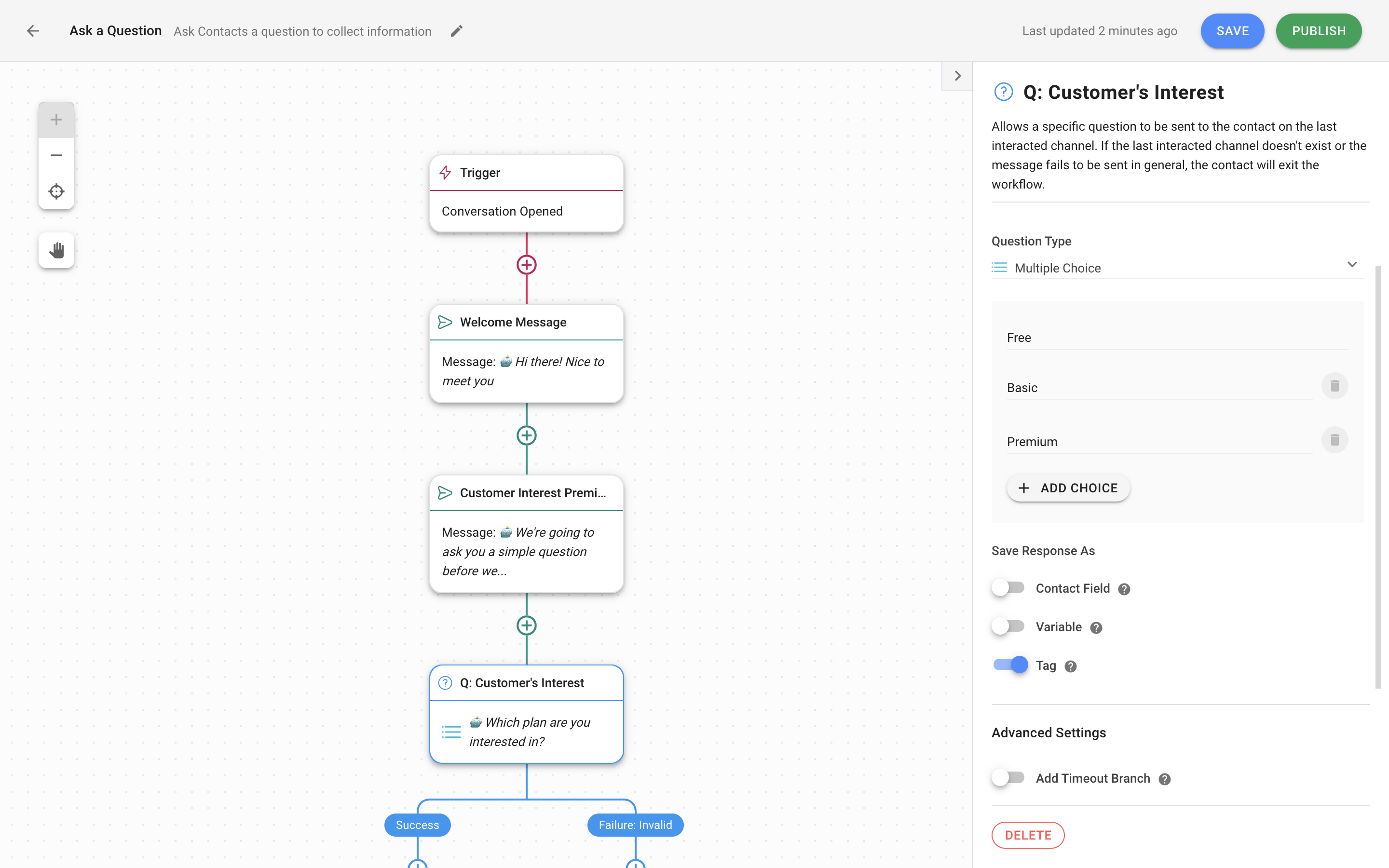 This is an image on how to ask a Multiple Choice Question. Multiple Choice Questions are like a Conversational form. They are a handy way to limit responses to a predetermined list of options. In Multiple Choice Questions, customers are required to respond with one of the options. To allow for Automated Data Capture, store the response in a Contact Field, Tag, or a Variable.