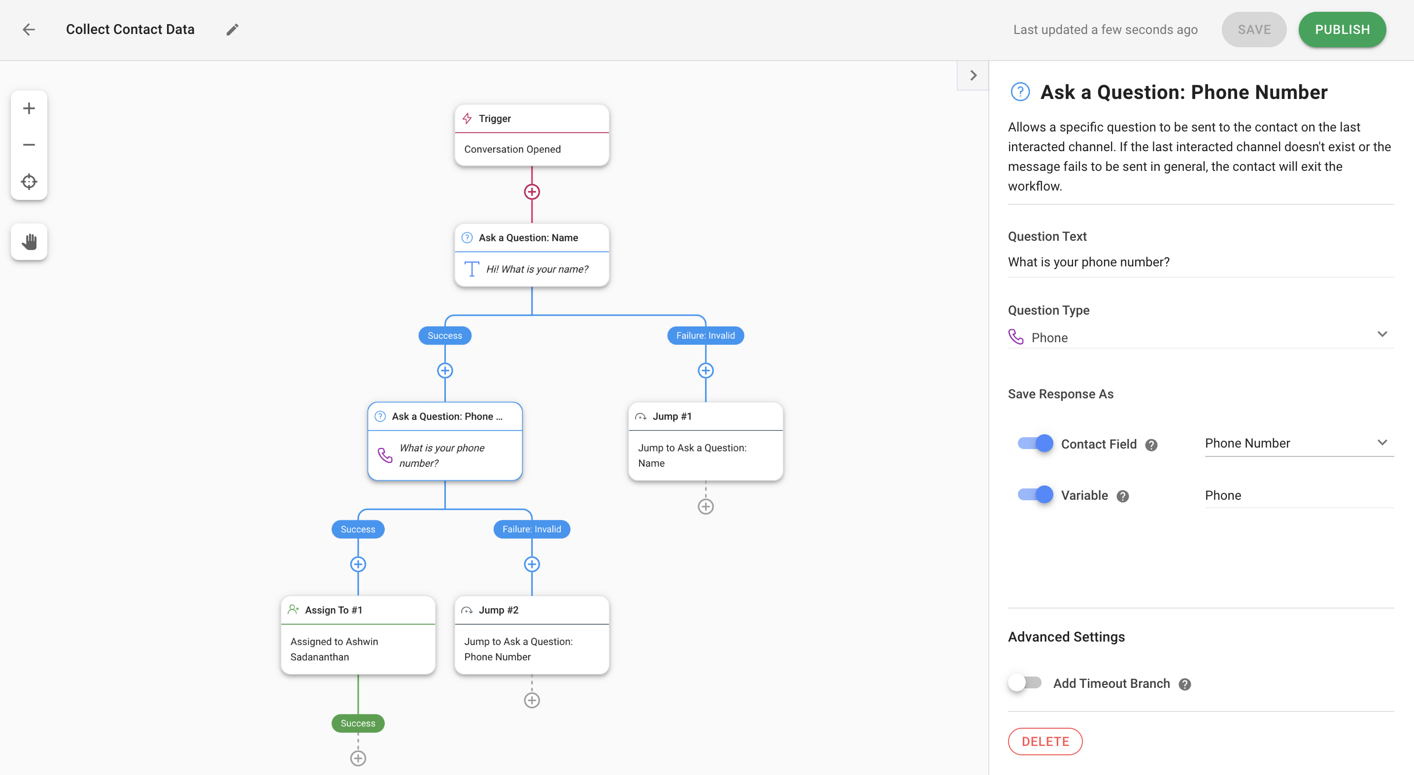 This is an image of how the Ask a Question step in Workflows can be used to collect Contacts' key identifiers such as email addresses or phone numbers. This step could be implemented as a best practice and part of a business' data enrichment exercise during any inbound conversation.