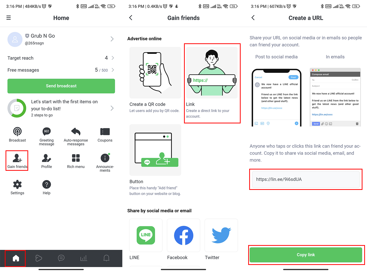 LINE chat link: using the Official Account app LINE link generator