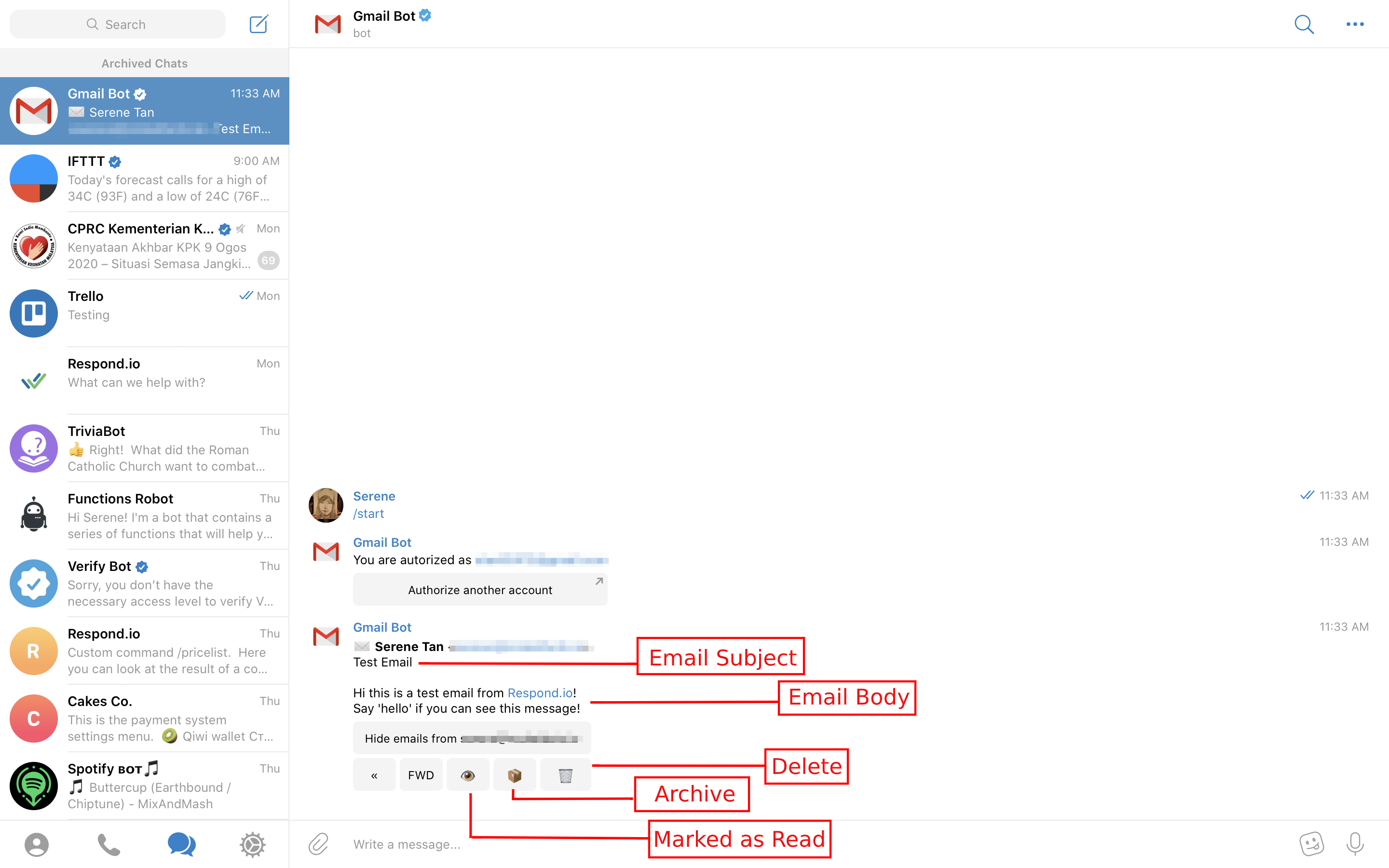 This is how the Gmail bot looks like when an email is received. All emails received with the Gmail Bot appears as instant messages on Telegram.