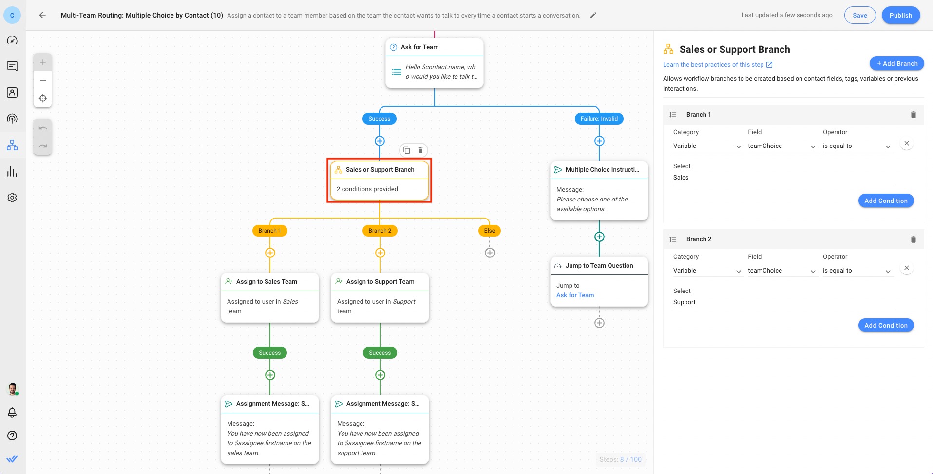 This image shows the third step to create a chat router with respond.io Workflows.