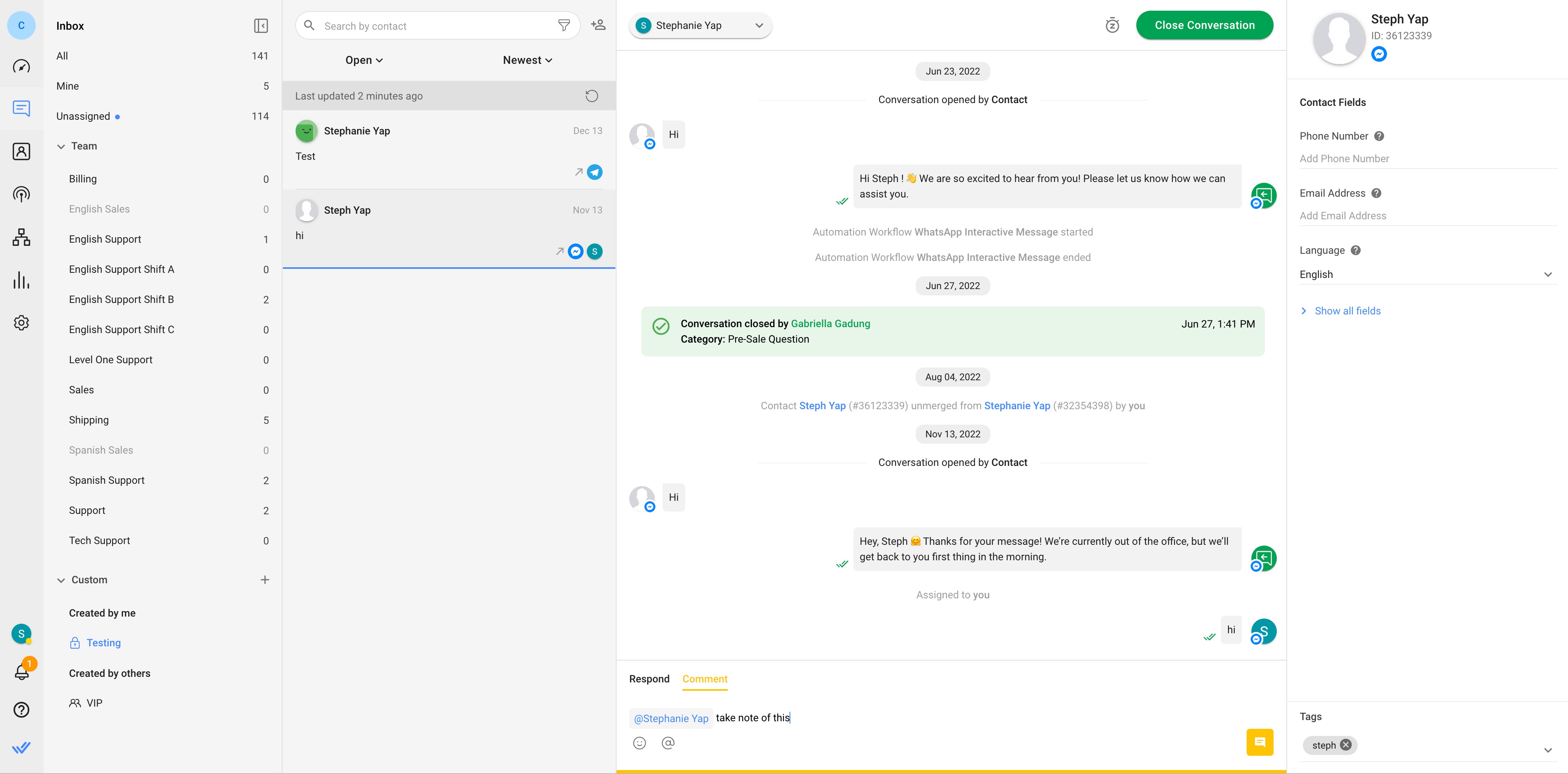 This is a screenshot to show you how to use the Comments feature. The Comments feature in respond.io allows agents to collaborate and resolve inquiries more efficiently. Alternatively, you can implement an escalation workflow to automatically escalate complex or high-priority inquiries to the right team or agent.